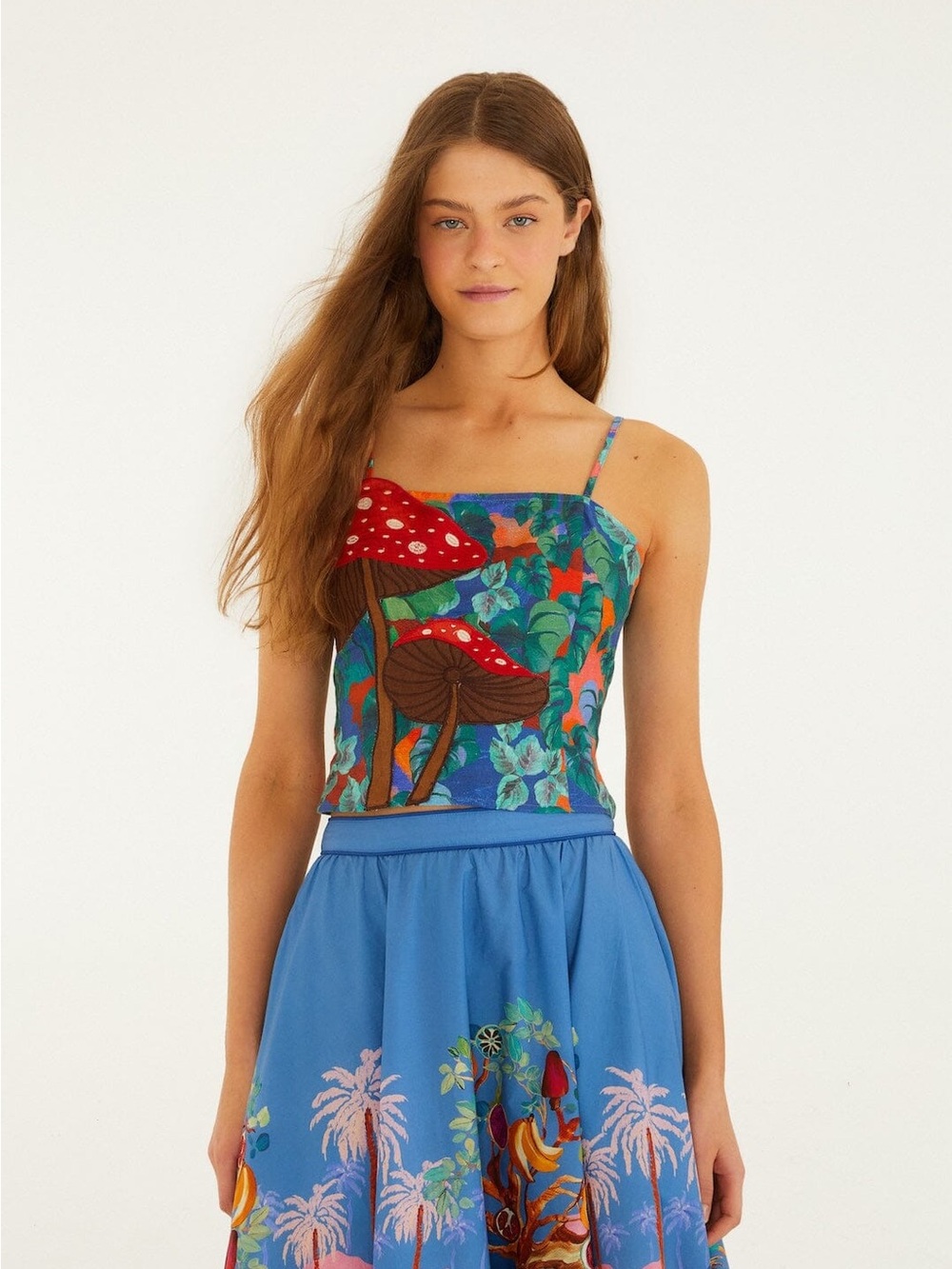 Farm Rio Mushroom Dream Landscape Embroidered Sleeveless Top XXS NWT